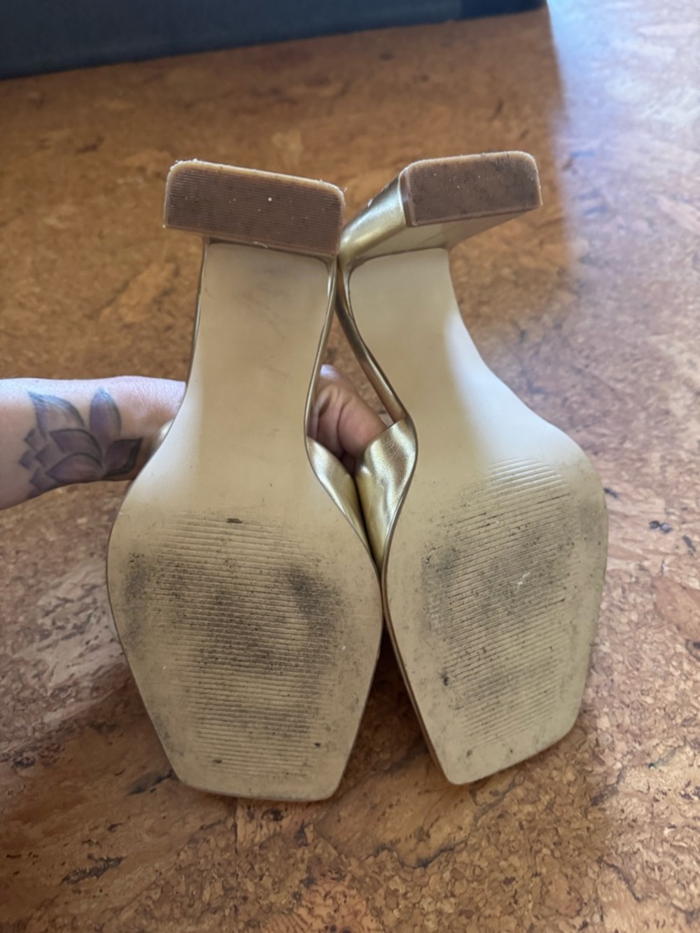 Metallic Gold Block Heel Slide Sandals - Women - Picture 4 of 6